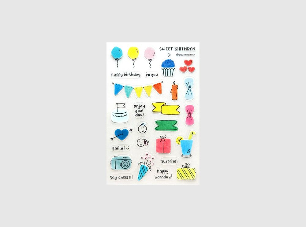 Cover-Sweet-Birthday-Transparent-Sticker Sweet Birthday transparent sticker sheet with cute colorful birthday illustrations by Peekmybook