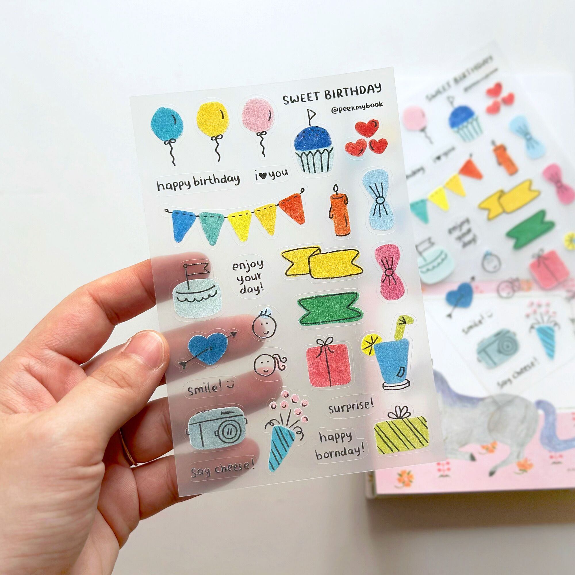 Sweet-Birthday-Transparent-Sticker-2 Sweet Birthday transparent sticker sheet with cute colorful birthday illustrations by Peekmybook